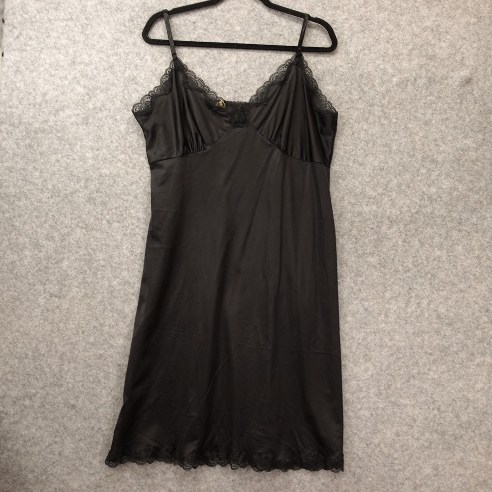 Vintage 60s Babydoll Slip Dress Womens L 42 Black FORTUNE Lace Trim Nightie USA